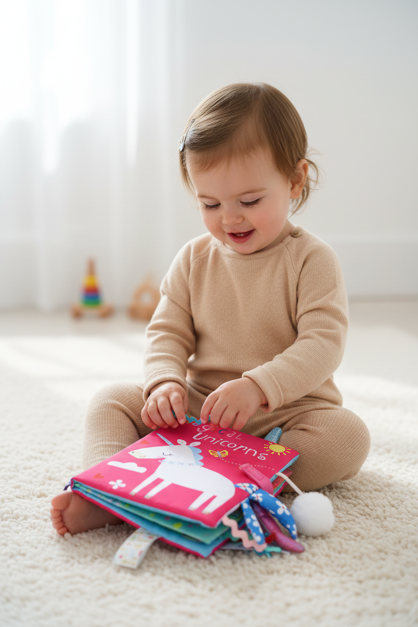 Baby Soft Cloth Book with Rattle & Sound – Early Learning Sensory Toy for Infants 0-36 Months