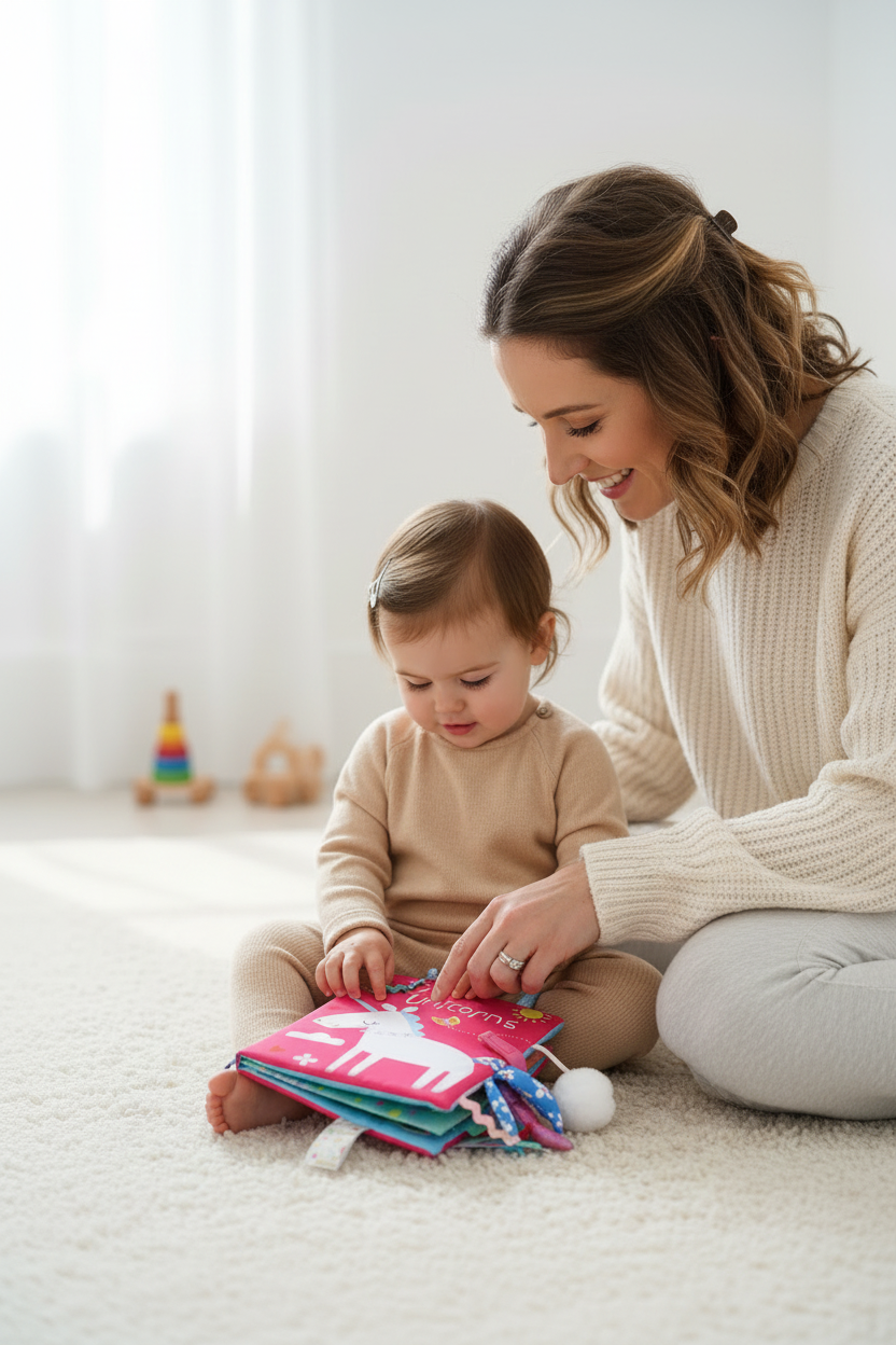 Baby Soft Cloth Book with Rattle & Sound – Early Learning Sensory Toy for Infants 0-36 Months