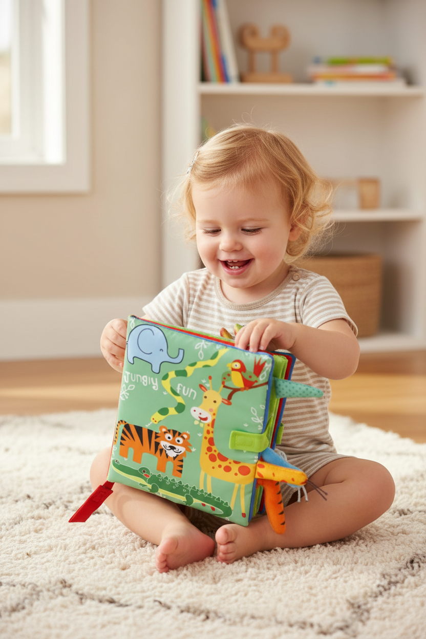 Baby Soft Cloth Book with Rattle & Sound – Early Learning Sensory Toy for Infants 0-36 Months